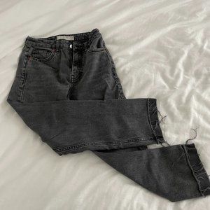 Topshop high waist raw hem straight jeans in washed black/ grey SIZE 25